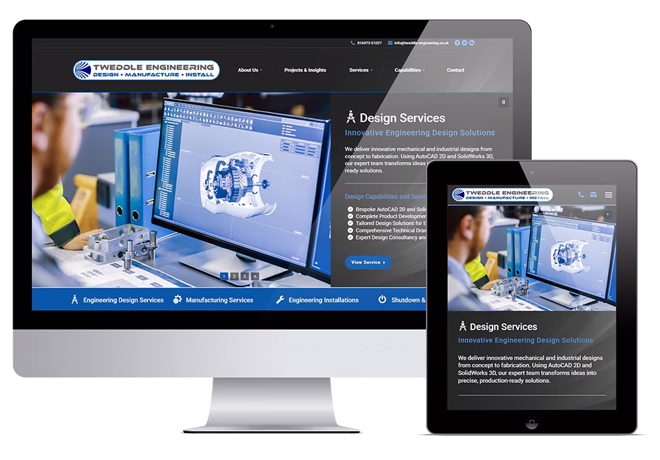 Tweddle Engineering - Website Mock-up on Monitor & Tablet