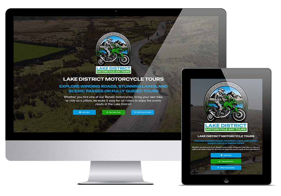 mockups-large Lake District Motorcycle Tours - Website Mock-up on Monitor & Tablet